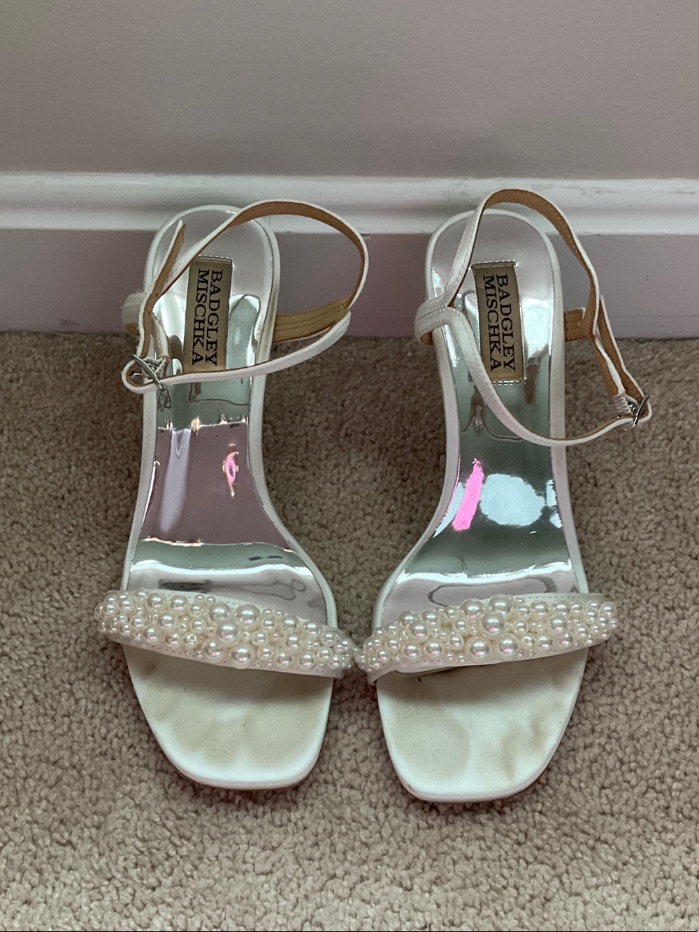 Badgley Mischka Ivory Satin Pearl-Strap Open-Toe Heels